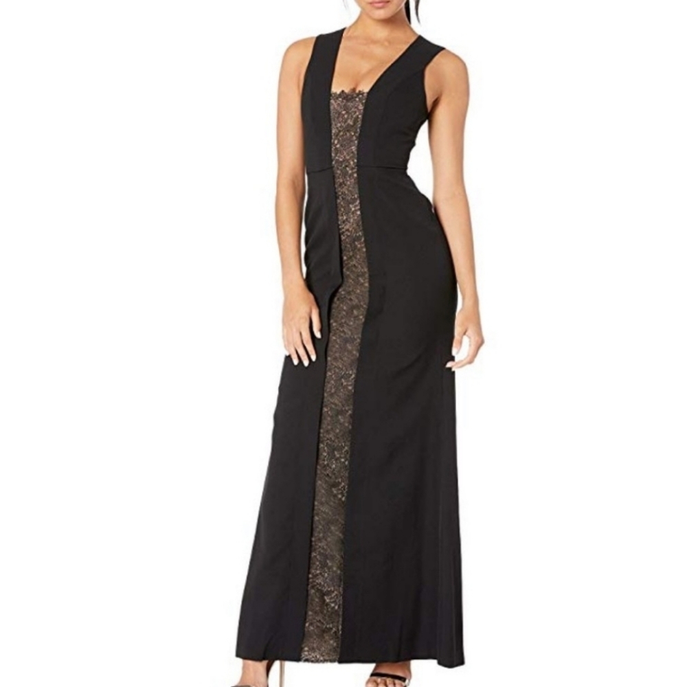 BCBGMAXAZRIA Satin Gown with Lace Inset Black Women's, size 12
